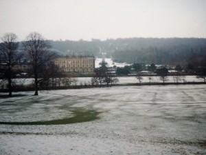 Chatsworth House and snowy grounds in late March 1995.