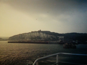 The White Cliffs of Dover and Dover Castle (atop the hill).  I'm on the ferry crossing the English Channel!