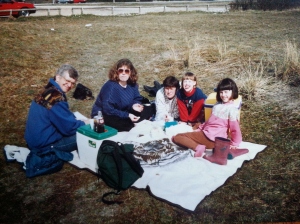 My uncle, my aunt, her sister and nieces. Skagen, April 1995. (Note the Dr. Pepper on the cooler.)